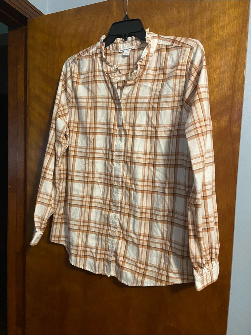 Amazon Essentials Plaid Ruffle Collar Button-Up in Cream and Brown